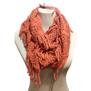 Rust Crochet Infinity Scarf Open Weave Fringe Loop Boho Desertcore Fall Layering